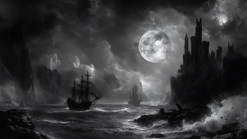 Moonlit ghost ships drifting past a brooding cliff castle.