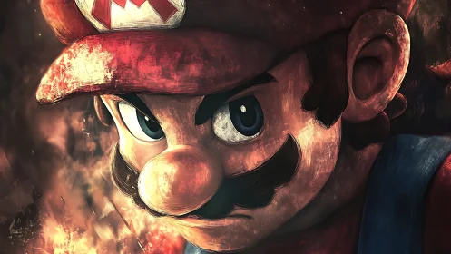 Intense closeup of a stylized mustached game character.
