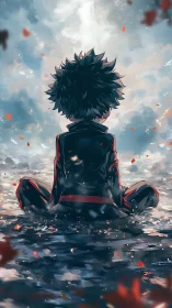 Solitary anime figure seated in reflective water under luminous sky