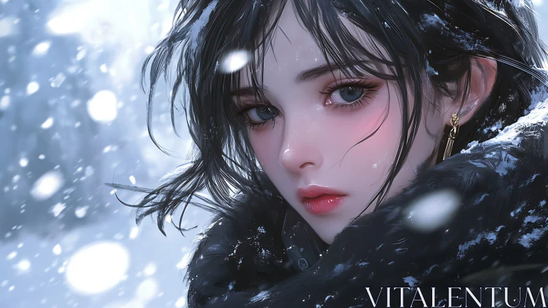 Snowlit anime portrait of girl with dark hair and fur coat.