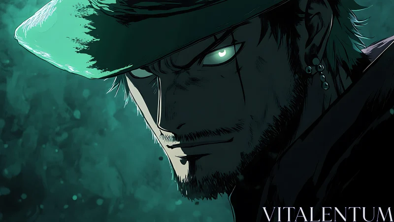 Male anime figure in shadowed profile with glowing eye.