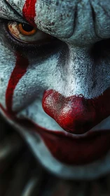 Sinister clown close-up with intense eye and red nose.