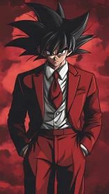 Spiky haired anime figure in red suit on textured red field.