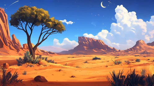 Sunlit desert mesa dreams beneath a crescent-blue sky.