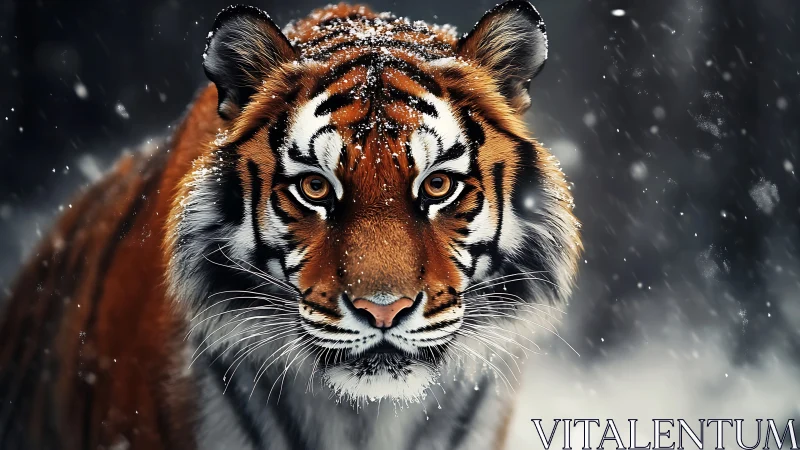 Snow-dusted tiger strides through a storm of silent sparks.