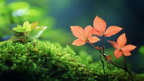 Dewlit orange leaves over lush green forest moss bed.