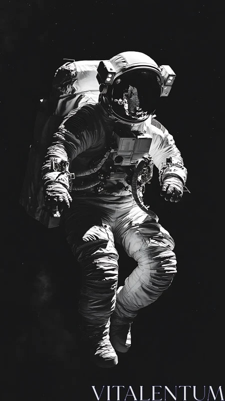 Solitary astronaut floating in deep space in stark light.