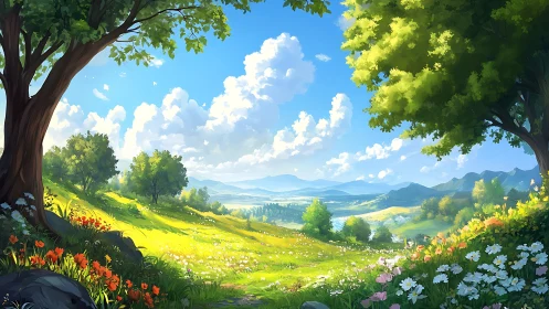 Landscape illustration shows sunlit valley framed by trees
