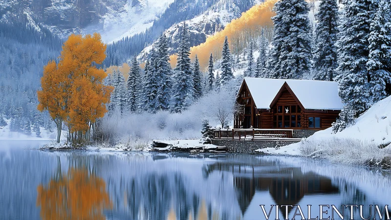 Golden aspens by snowy lakeside cabin in still winter light.