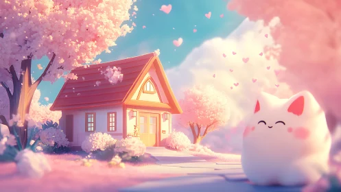 Cotton-candy cottage and blushing cat cloud in bloomscape.