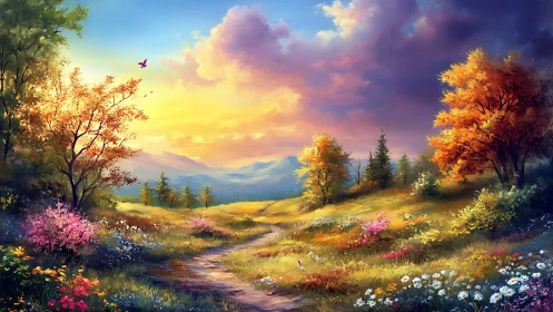 Twilight path wanders through a spellbound painted meadow.