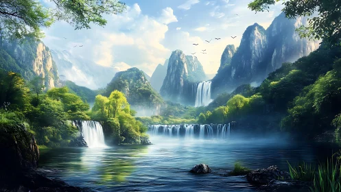 Luminous tiered waterfalls beneath misted emerald peaks.