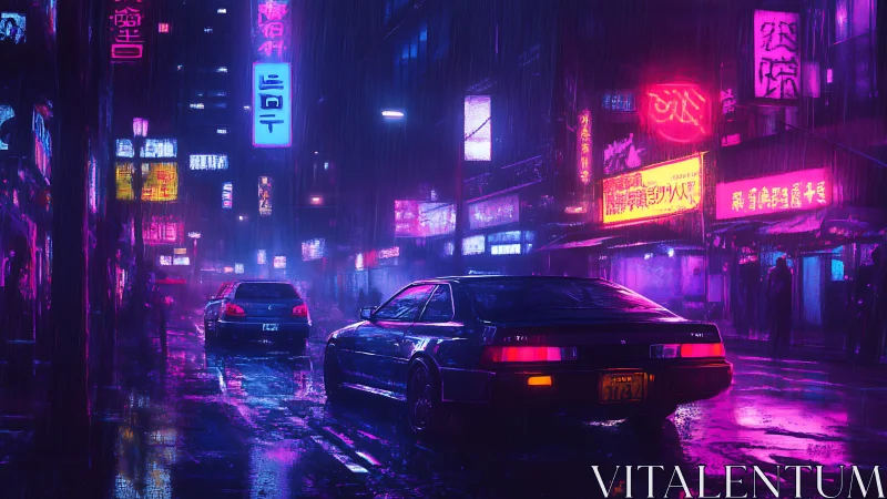 Neon drenched rain street with retro coupe under magenta glare.