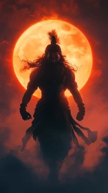 Silhouetted mythic warrior before full blood-red moon