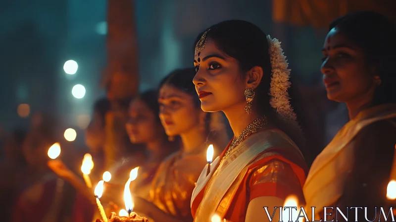 Women in Traditional Sarees Holding Diyas at Night Ceremony.