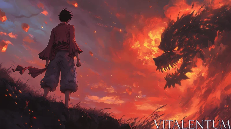 Solitary warrior confronts infernal dragon in blazing dusk sky.