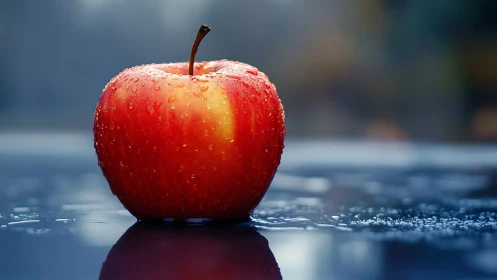 Red apple with water droplets rests on reflective surface