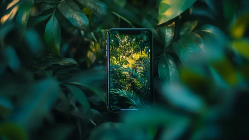 Smartphone screen integrates sharply with dense jungle foliage