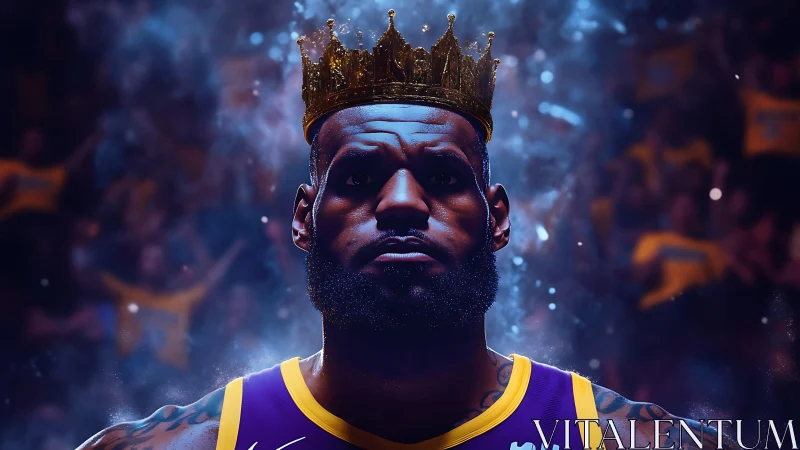Digital painting portrait of crowned basketball leader under arena lights.