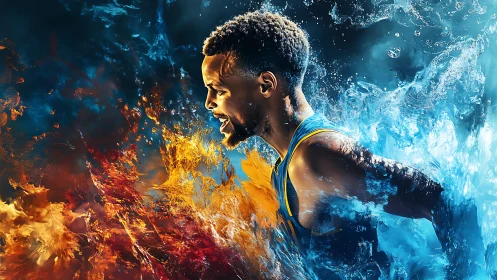 Dynamic basketball runner intersects volumetric fire and water fields