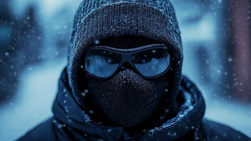 Snow-dusted winter wanderer wrapped in midnight blue calm.