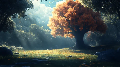 Luminous autumn oak crowned by sunbeams in misted forest.