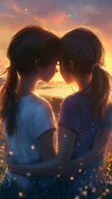 Two figures silhouetted against golden sunset glow with luminescent particles.