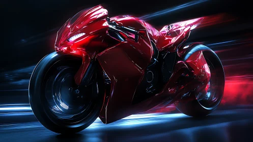 Futuristic red superbike slices through neon tunnel night