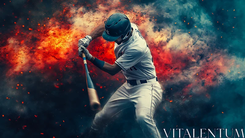 Explosive baseball swing ignites dynamic energy and color.