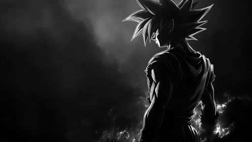 Brooding anime warrior silhouette in stormlit monochrome.