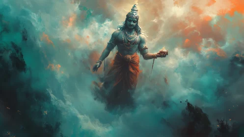 Blue skinned mythic figure floats centered in dense clouds