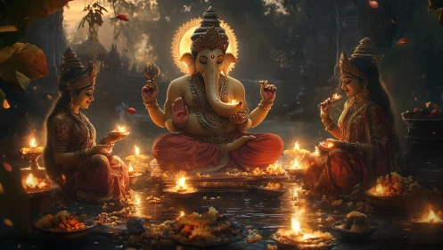 Divine Ganesha evening puja with goddesses and lamps.