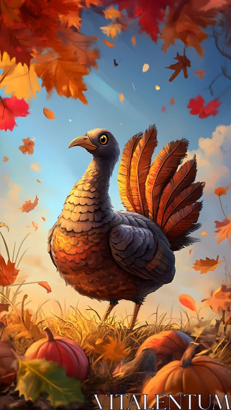 Proud autumn turkey standing amid bright leaves and pumpkins.