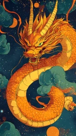 Coiled celestial dragon with glowing scales and stylized nebular backdrop
