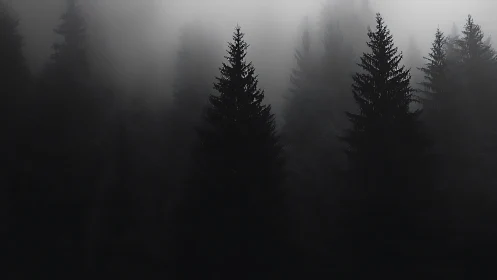 Nocturnal conifer canopy emerging through volumetric fog.