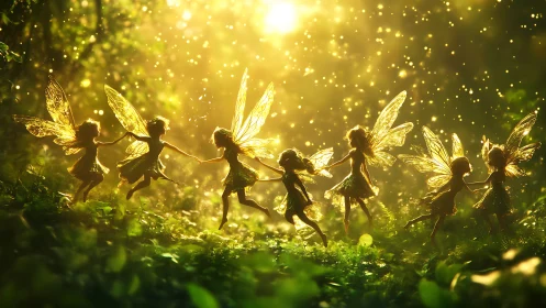 Fairy children hold hands and dance in glowing forest light