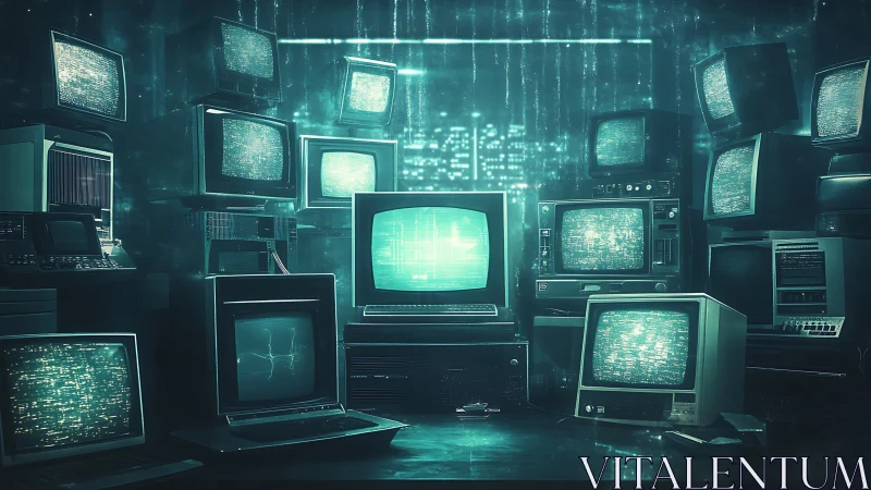Retro monitors glow inside dense teal cyberpunk control hub