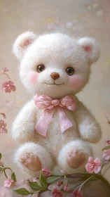 Fluffy white teddy bear smiles softly amid pastel blossoms