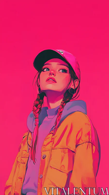 Neon punk girl studies horizon under vivid magenta sky.