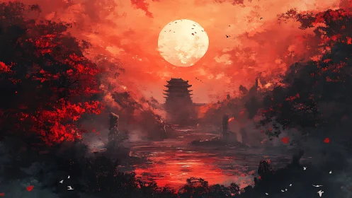 Radiant crimson sunset silhouettes pagoda amid reflective river fog
