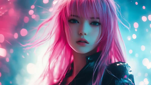 Cyberpunk portrait with neon bokeh and glossy leather styling.