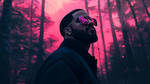 Neon-lit portrait in stylized forest with reflective glasses.