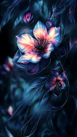 Glowing midnight blossoms painted in soft neon light.