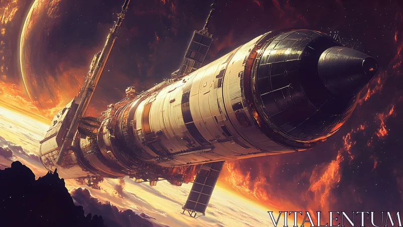 Starfaring colossus gliding through ember-lit cosmic storms.