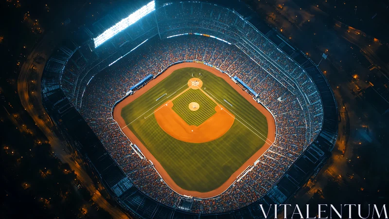 Nighttime aerial view of illuminated baseball stadium bowl.