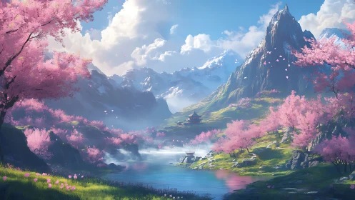 Alpine sakura valley with tiered river basin and shrine pavilion.