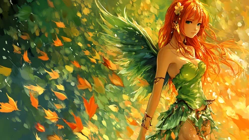 Autumn forest fairy rendered in luminous anime illustration