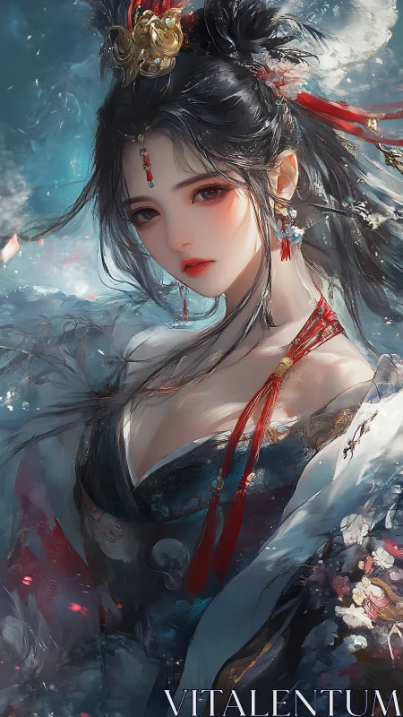 Elegant fantasy empress gazes through swirling winter light