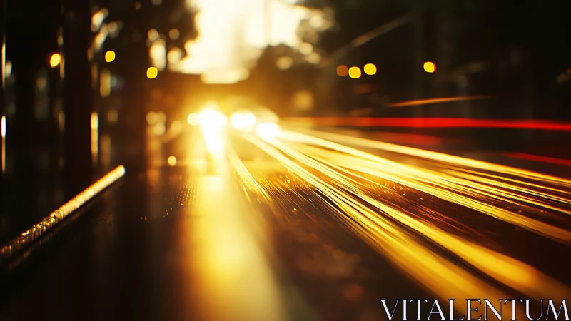 Golden light trails streak through a blurred night cityscape.