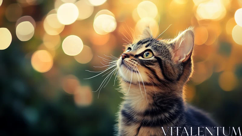 Tabby Cat Portrait with Upward Gaze Against Bokeh Backdrop